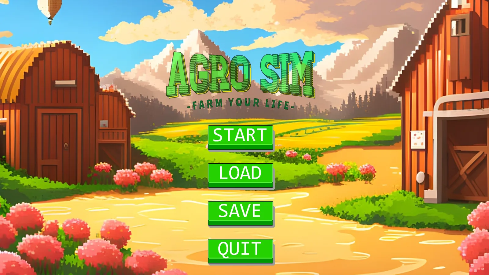 AgroSim — pixel-art title screen showing a regional farm landscape framed by seasonal weather icons