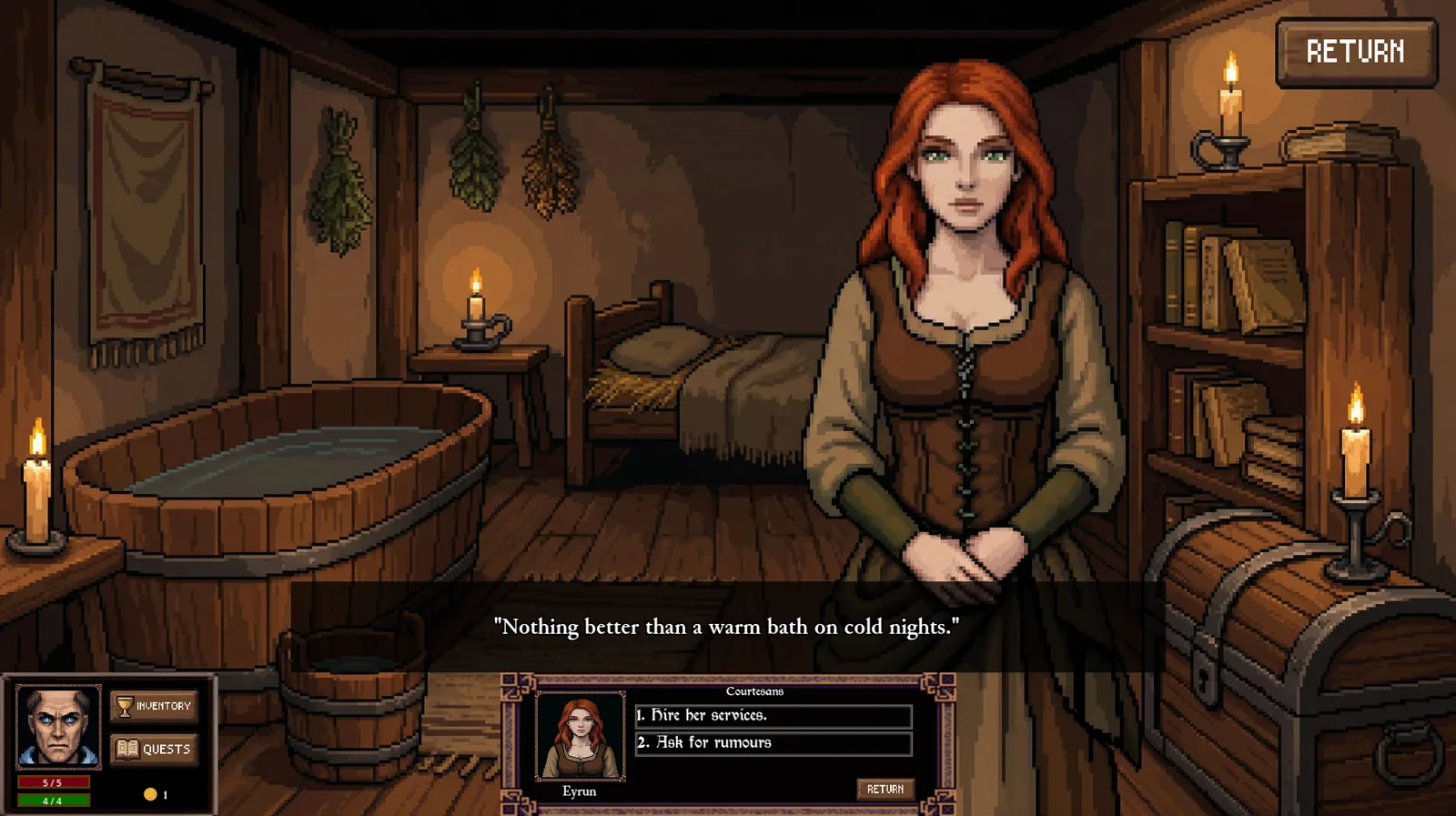 Grim Pilgrim — encounter with a courtesan NPC in a torchlit interior, dialogue and choice in progress