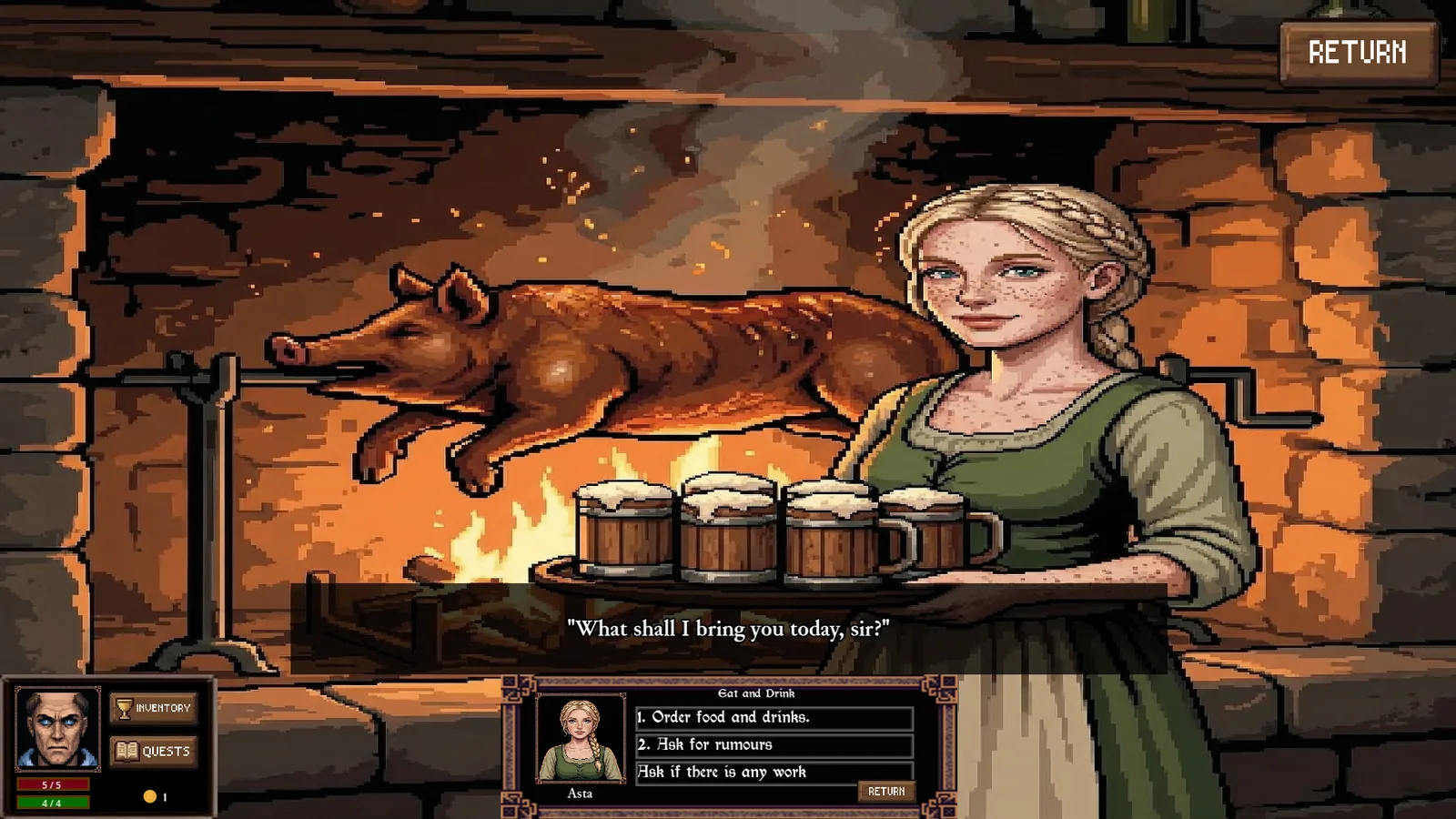 Grim Pilgrim — isometric tavern interior with the aging cleric resting among medieval travelers