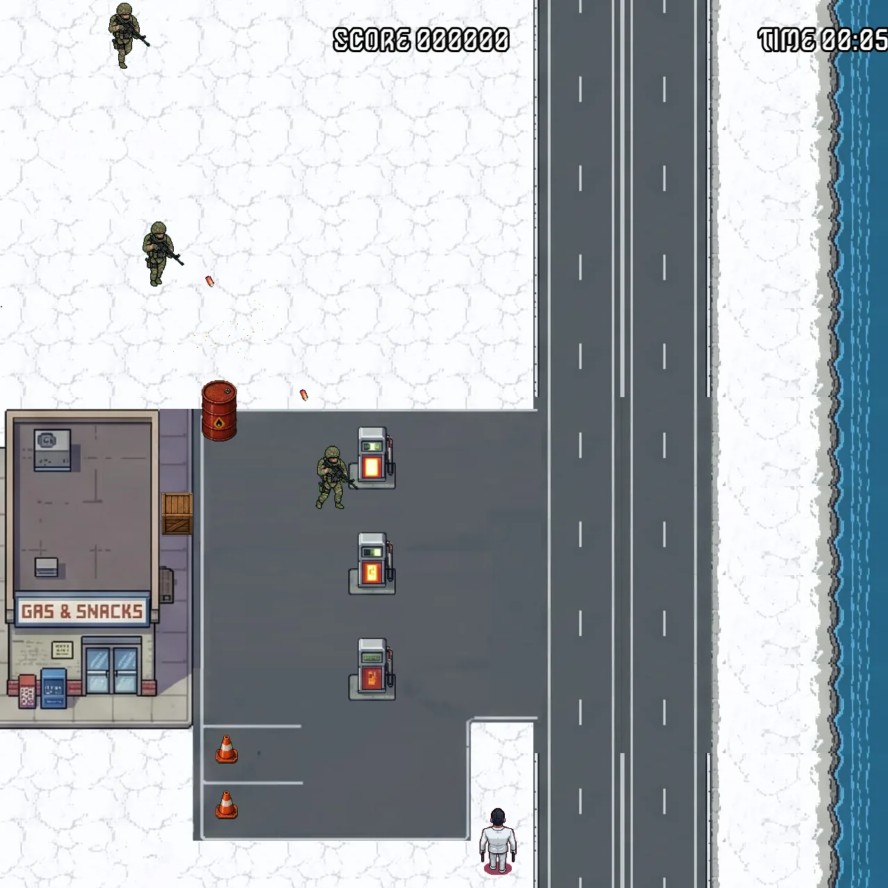 Interrex — close-range standoff with directional bullet tracers across a wooden frontier town