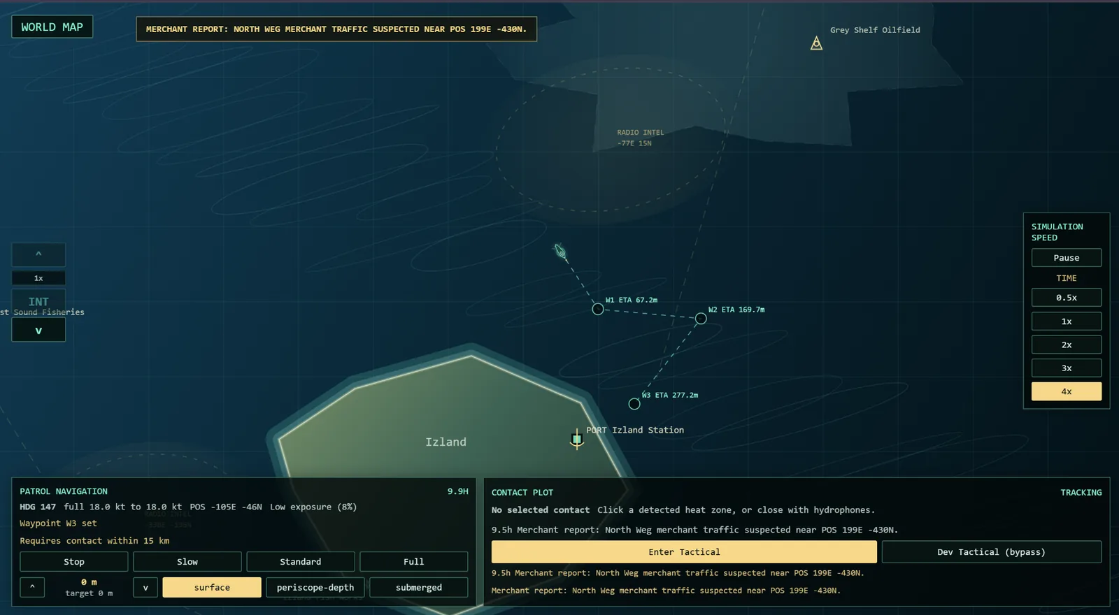 Sinking Steel — periscope view of a distant freighter silhouette with bearing and range markers overlaid