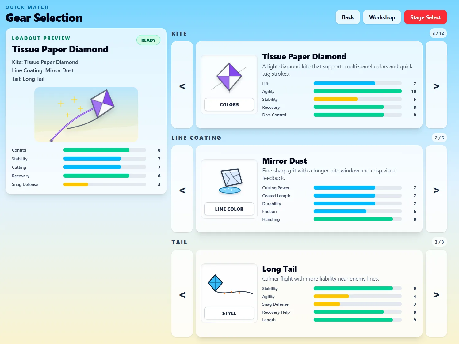 Skyline Kites — gear and loadout screen showing line spools, tail options, and coated string sections