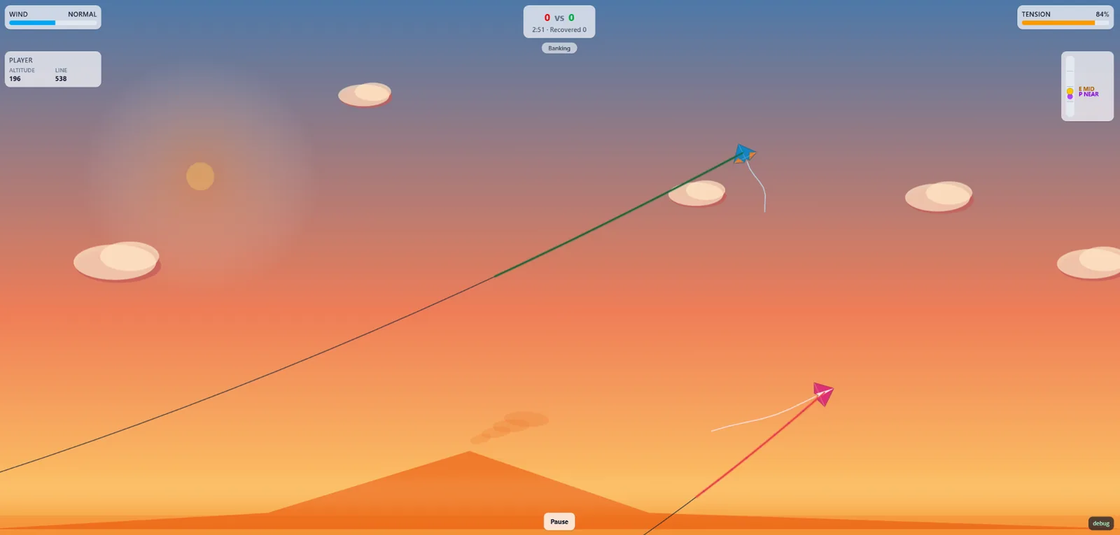 Skyline Kites — second kite mid-duel, line crossing an opponent's string above rooftops